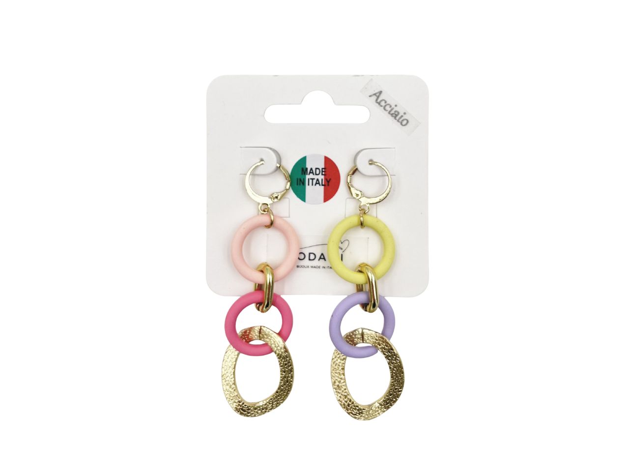 ORECCHINO ACCAIO CON ANELLI MULTICOLOR E CATENA ORECCHINO ACCAIO CON ANELLI MULTICOLOR E CATENA