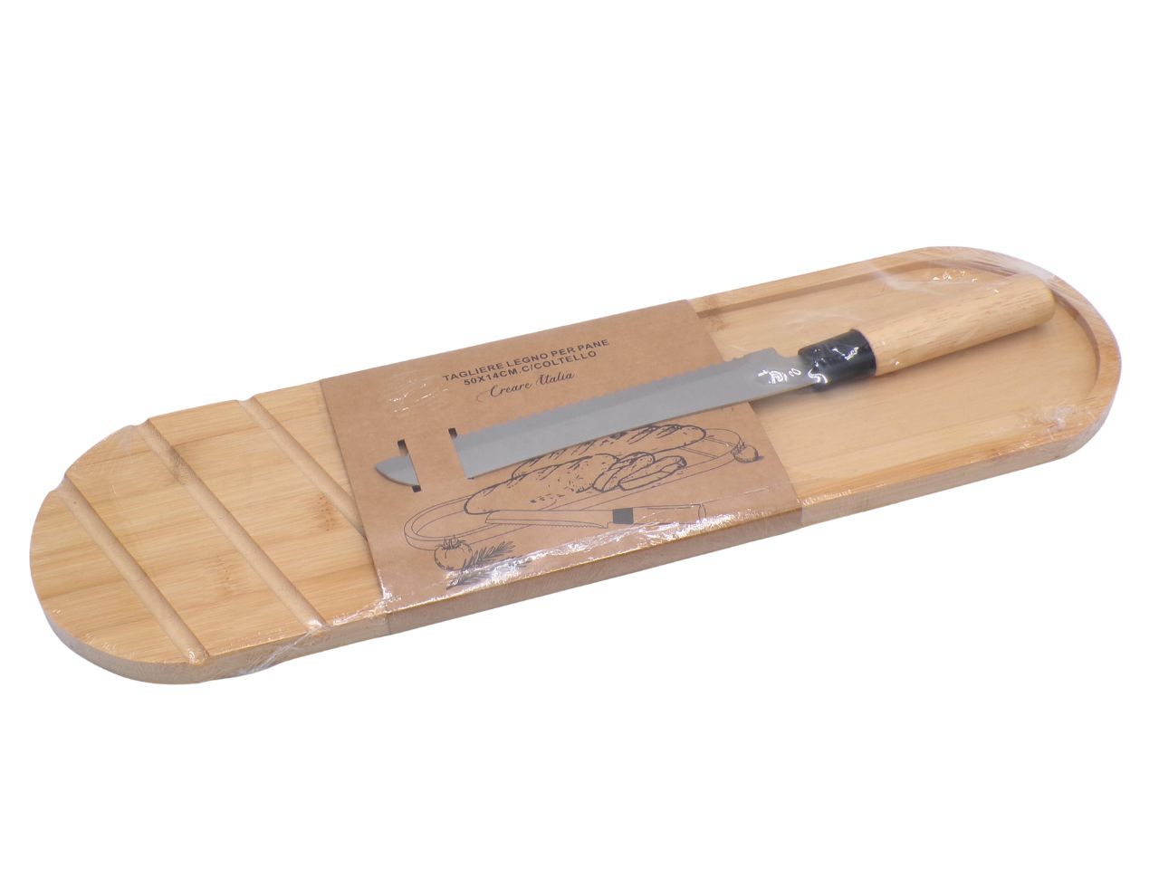 TAGLIERE LEGNO PER PANE 50X14CM CON COLTELLO