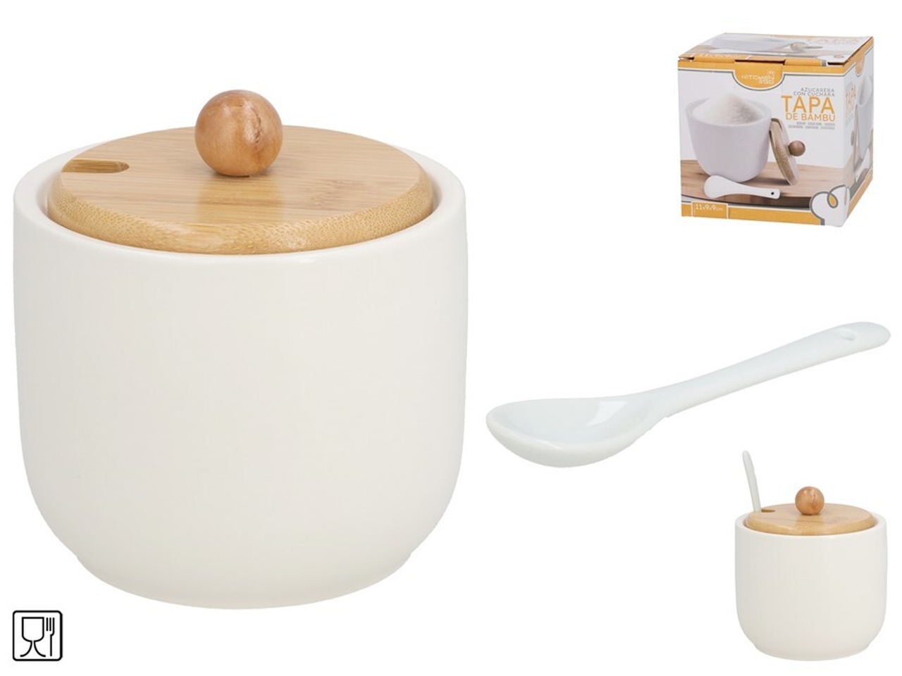 ZUCCHERIERA CON COPERCHIO IN BAMBÙ CON CUCCHIAIO
