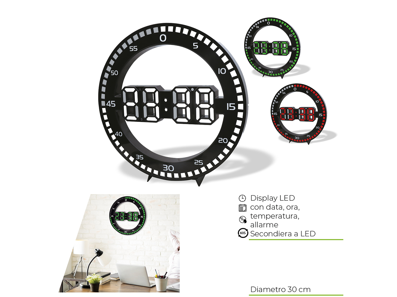 OROLOGIO LED 30X30X5,1CM DISPLAY COL. ASS. 1901/00