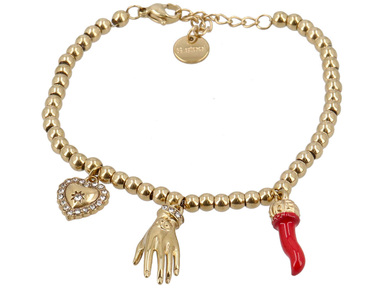 BRACCIALE PALLINI CORNO MANO+CUORE SACRO ZIRC. ORO