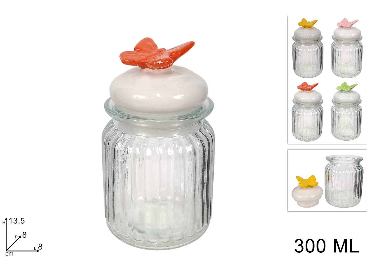 BARATTOLO VETRO 300ML C/FARFALLA 4COL DEV25011751 BARATTOLO VETRO 300ML C/FARFALLA 4COL DEV25011751