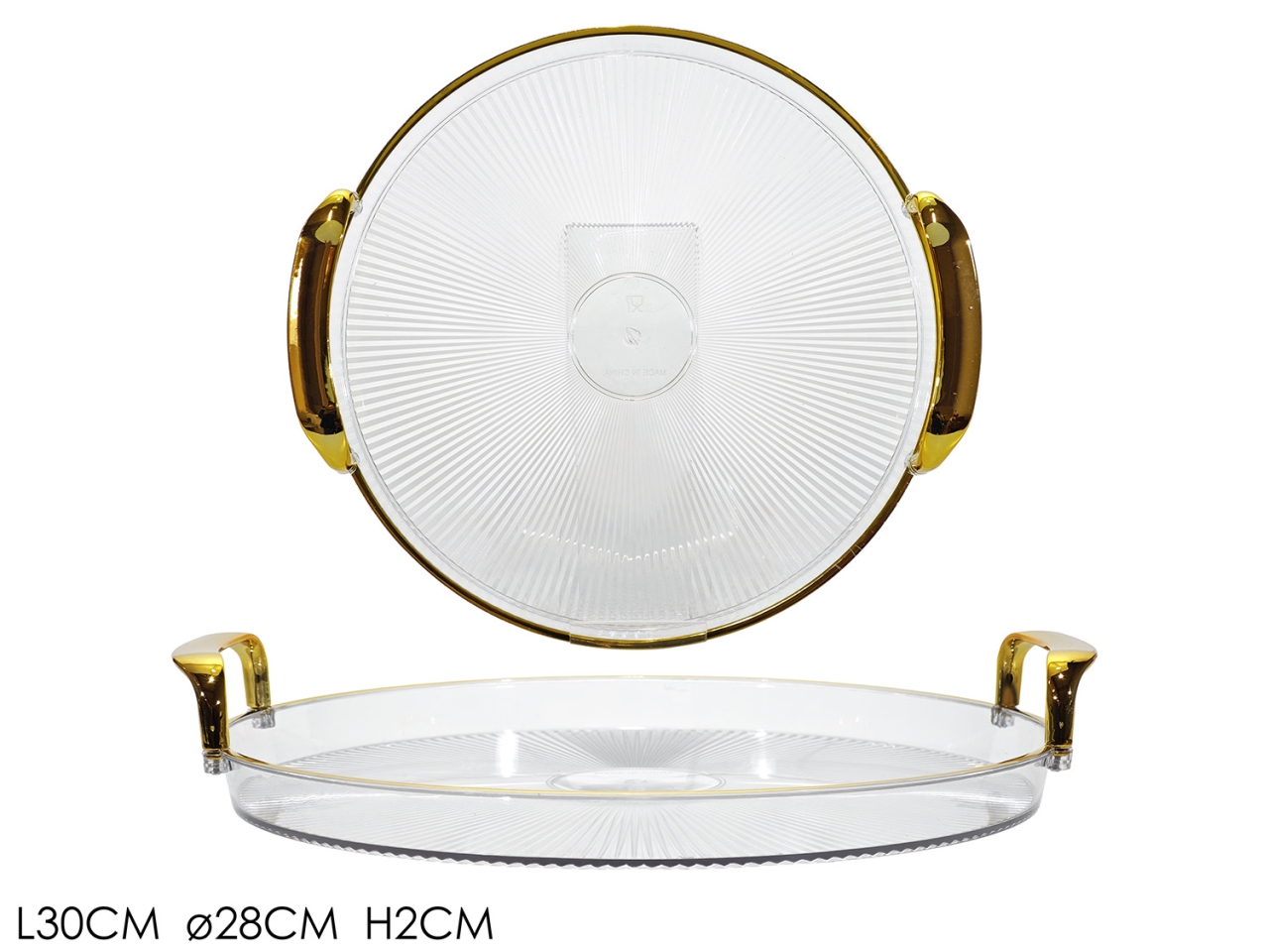 VASSOIO C/MANICI 30CM TRASP. C/BORDO ORO 571739