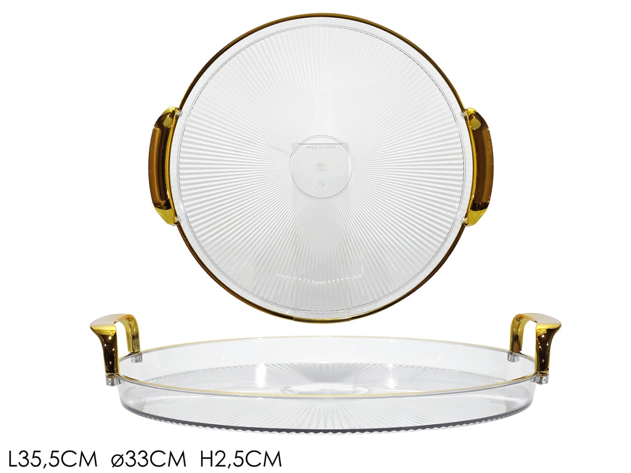 VASSOIO C/MANICI 35CM TRASP. C/BORDO ORO 571740