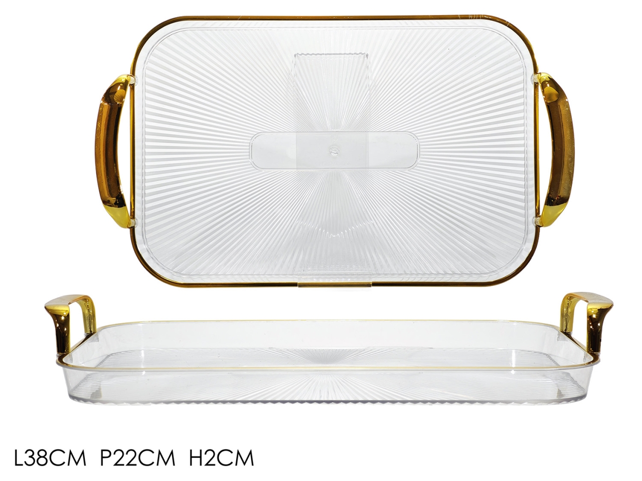 VASSOIO C/MANICI 38X22CM TRAS. C/BORDO ORO 571742