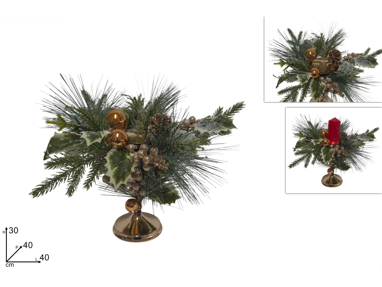 PORTACANDELE30CM C/FOGLIE E PALLINE OROXNA24041941