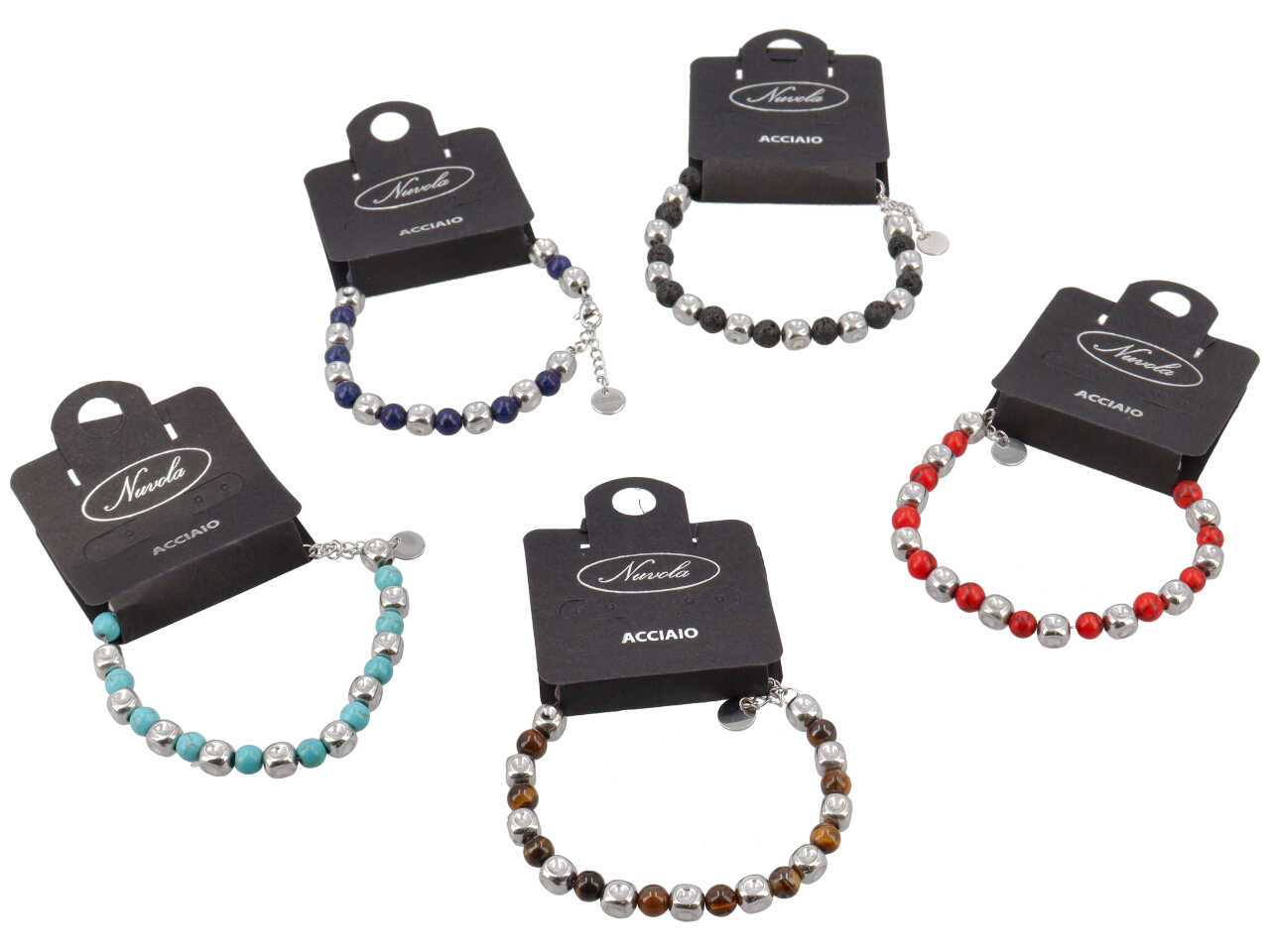 BRACCIALEACCIALE CUBI ACCIAIO E SFERE COLORATE 6MM