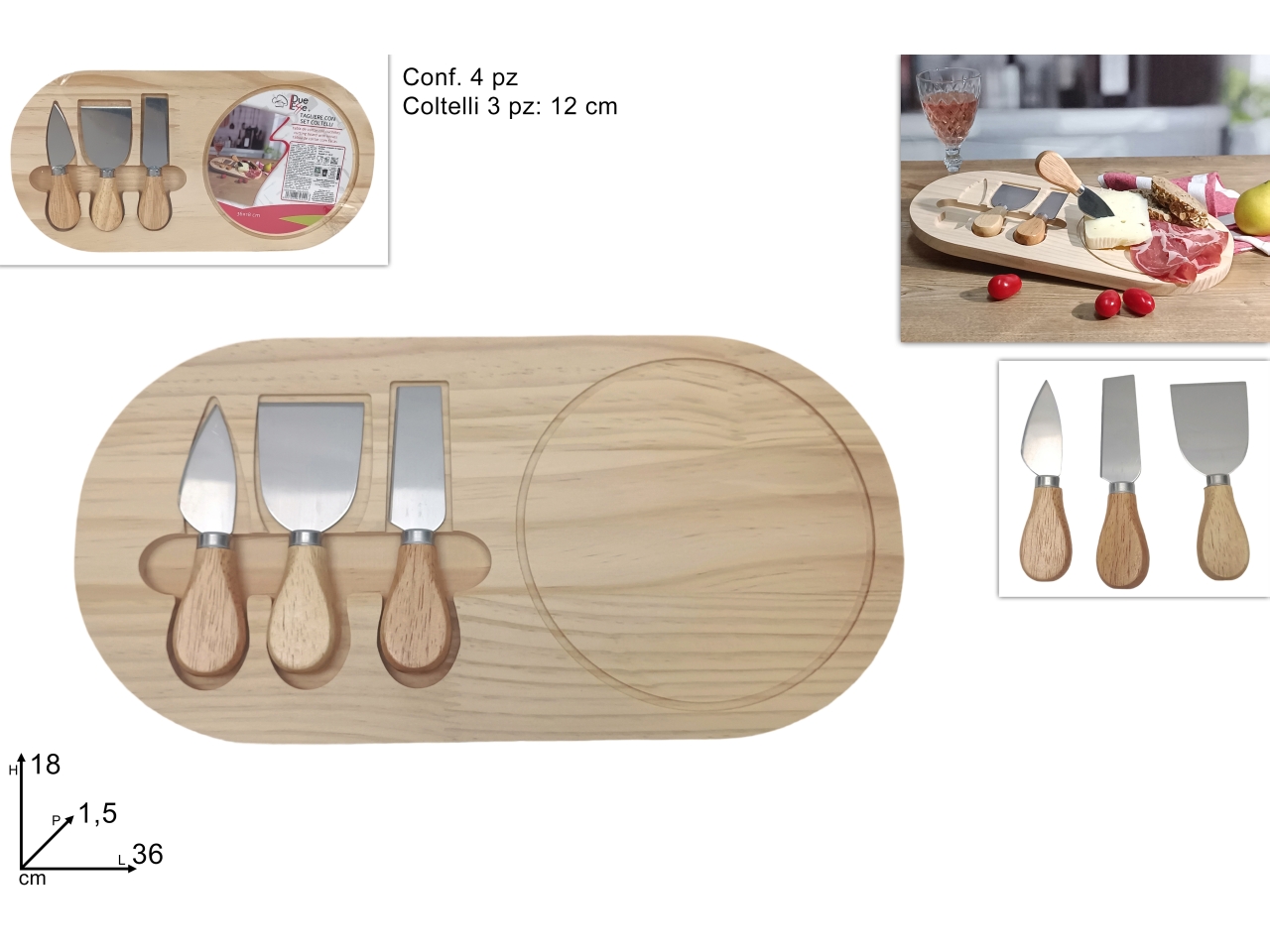TAGLIERE LEGNO 36X18CM CON 3 COLTELLINIDEV24008181