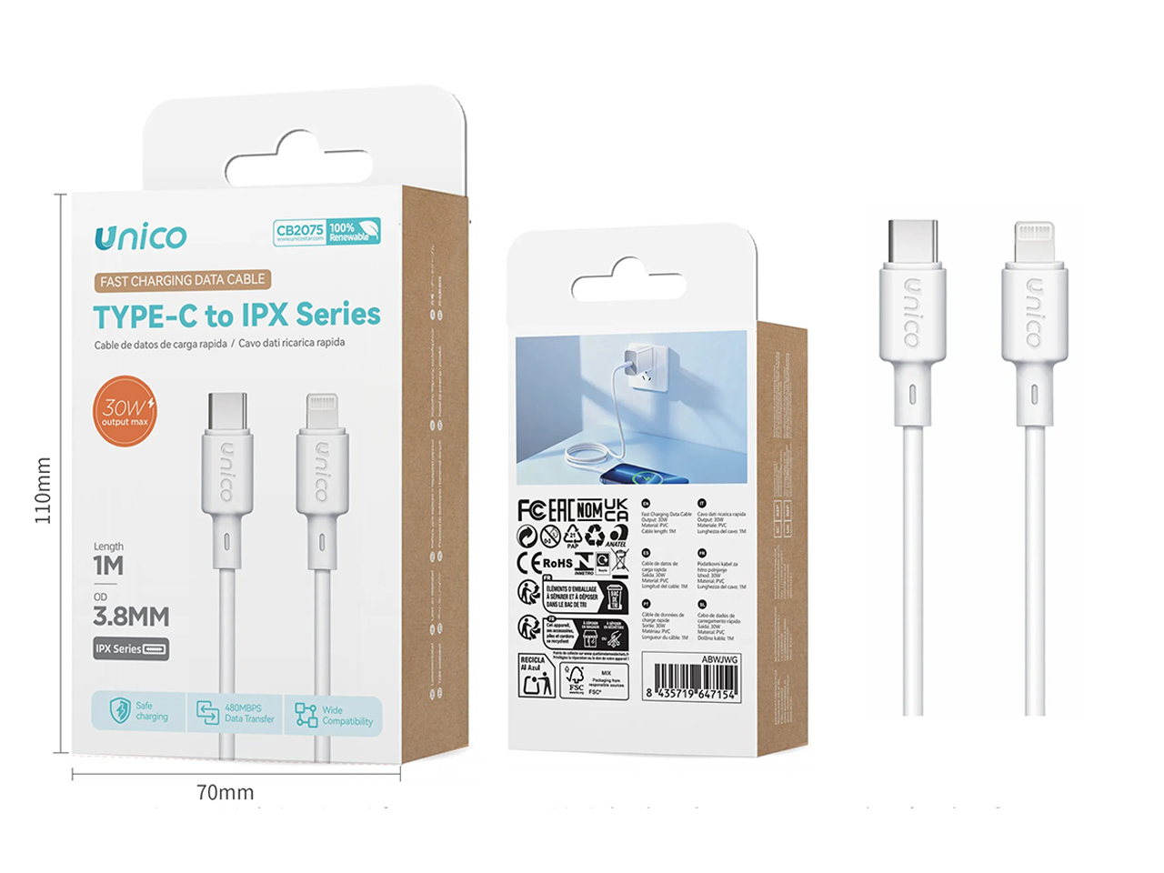 CAVO TYPE-C+TYPE-IPX 30W 1MT BIANCO CB2075 CAVO TYPE-C+TYPE-IPX 30W 1MT BIANCO CB2075