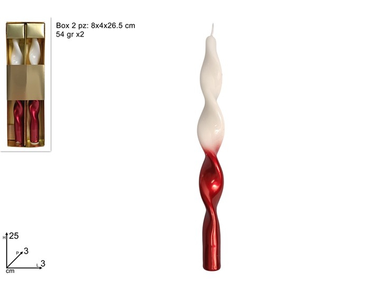 CANDELE TORCIGLIONE25CM 2PZ BIAN./ROSS.XNA24062101
